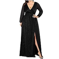 Plus Size Mother of The Bride Guest Long Dresses Sexy Women Long Sleeve Deep V-Neck Slit Shimmer Dress black XX-Large