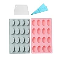 2pcs 12-Cavity 3D Oval Shape Chocolate Gummy Molds Nonstick Silicone Baking Molds for Making Ice Cubes Jelly Chocolate Soap Shaping Hard Candies,with Pastry Bag and Scraper