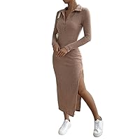 Women's Dress Dresses for Women Polo Neck Split Thigh Dress Dresses for Women (Color : Brown, Size : X-Small)