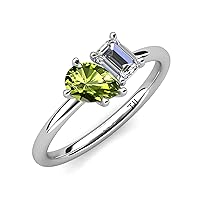 Pear Shape Peridot & Emerald Shape Moissanite 2.40 ctw Four Prong Women 2 Stone Duo Engagement Ring 14K Gold