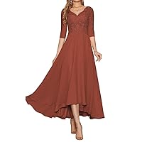 Lace Applique Mother of The Bride Dresses 3/4 Sleeves V-Neck Tea Length Chiffon Formal Wedding Party Gowns with Pockets