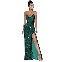 Sequins Spaghetti Straps V Neck Prom Dresses Long Mermaid Sparkly Backless Formal Gowns Evening Dresses with Slit