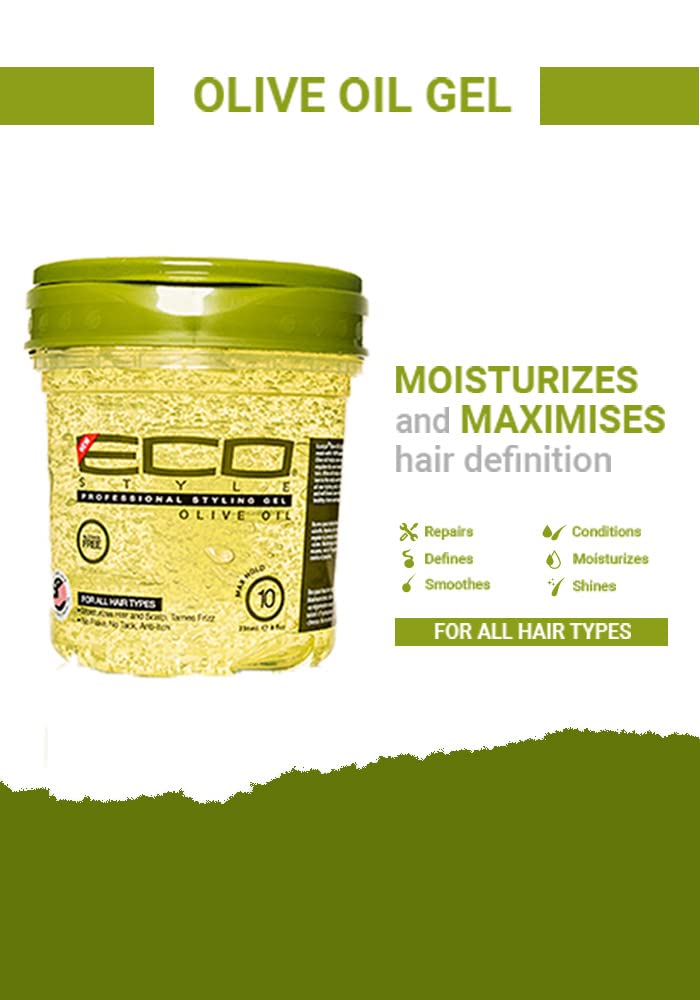 Eco Style Gel Olive Oil Styling Gel - Adds Shine and Tames Split Ends - Delivers Moisture to Scalp - Nourishes And Repairs - Provides Weightless and Superior Hold - Ideal for all Hair - 8 oz