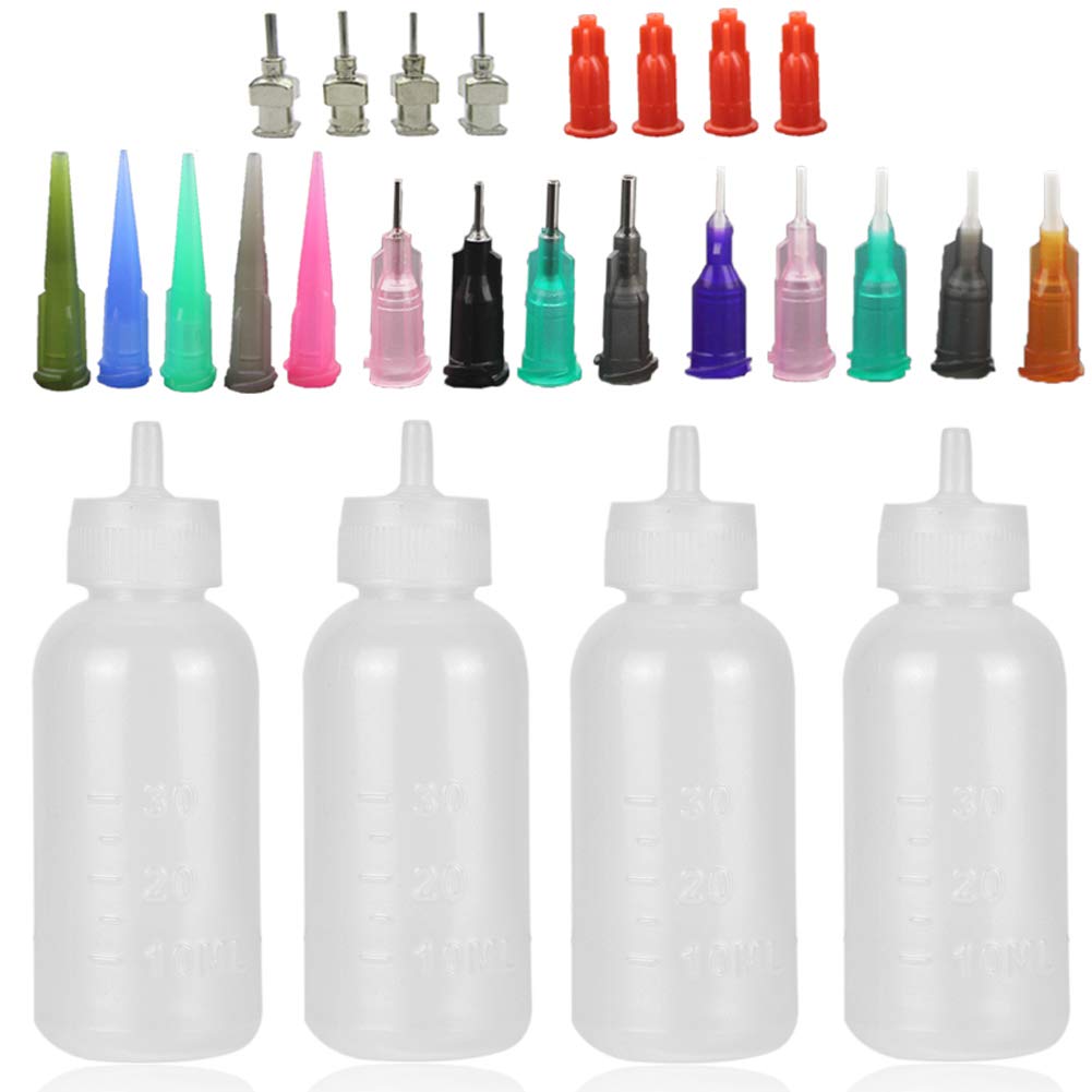 Xmasir Jagua Henna Applicator Bottles Kit for Tattoo Body Paint,Multi Purpose Precision Applicator Set 4 Pcs 1 Oz. Henna Bottle with 4 Pcs Caps 16 Pcs Needle Tips Sizes