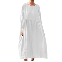 Oversized Cotton Linen Kaftan Dress Women Casual Long Sleeve Babydoll Dresses Solid Crewneck Shirt Dress with Pocket