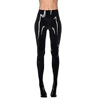 Women Black Latex Pants with Socks Without Zipper Tight Slim Mid Waist Trousers Leggings