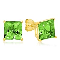 10K Yellow Gold Princess cut Created Emerald Stud Earrings, (7mm)