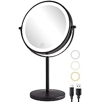 ALHAKIN Rechargeable Makeup Mirror with Lights, 8 inch 10x Magnifying Mirror with 3 Color Lights, Brightness Dimmable Lighted Makeup Mirror for Desk, Black