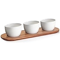Chip and Dip Serving Set with Acacia Wooden Tray, 12oz White Glazed Ceramic Dipping Bowls, Serving Dishes for Entertaining, Small Serving Bowls for Side Dishes, Salsa, Appetizers, Condiments