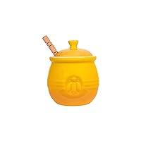 Creative Co-Op Yellow Stoneware Honey Pot with Lid & Wood Honey Dipper