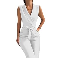 Uni Clau Women's Elegant Jumpsuits V Neck Sleeveless Straight Belted Long Pants Business Suits Set with Pockets