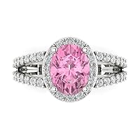 2.21ct Oval Cut Solitaire with Accent Halo split shank Pink Simulated Diamond designer Modern Statement Ring 14k White Gold