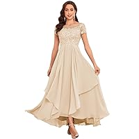 Lace Appliques Mother of The Bride Dresses for Wedding Short Sleeve Chiffon Ruffle Formal Evening Gown