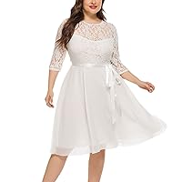 Elegant Lace Chiffon Party Dress for Women O-Neck Lace Up Midi Evening Dress Plus Size Prom Wedding Dresses