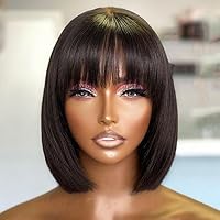 Short Bob Wig Human Hair with Bangs, Wear and Go Glueless Wig Human Hair, Brazilian Virgin Remy Human Hair None Lace Front Wigs For Women Straight Wig No Gluess Beginner Friendly 180%Density 10Inch