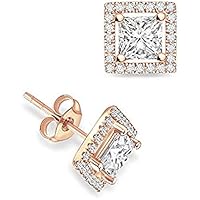 Beautiful Princess Cut Cubic Zirconia (7MM) Square Halo Party Wear Four Prong Set Stud Earring For Women's & Girls .925 Sterling Sliver
