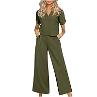 Women's 2 Piece Outfits Dressy Lapel Set Summer Cuffed Short Sleeve Tops and High Waisted Wide Leg Pants Lounge Sets