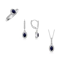 Matching Gold Jewelry 14K White Gold Halo Designer Set: Ring, Earring & Pendant Necklace. Gemstone & Diamonds, 6X4MM Birthstone. Sizes 5-10.