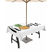 Pineapple Outdoor Indoor Table Cloth Rectangle Table 60x120, Yellow Tropical Fruit Green Leaf Watercolor White Washable Waterproof Tablecloth with Umbrella Hole Zipper for Parties Pool Patio Coffee