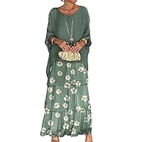 TIAFORD Women's Elegant Chiffon Maxi Dress Crewneck Half Sleeve Tiered Flowy Fake 2 Piece Dress Artistic Style Loose Dress
