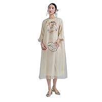 Silk Red-Crowned Crane Embroidery Modified Hanfu Beige Loose Dress 2629