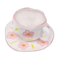 Koythin Ceramic Coffee Mug, Cute Pink Flowers Cup with Saucer for Office and Home, Dishwasher and Microwave Safe, 10 oz/300 ml for Latte Tea Milk (Pink Flowers)