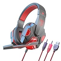 Wired Gaming Headset with Microphone for PS4 PC Xbox One PS5 Controller, LED Light, Bass Surround, for Laptop Computer,Switch,Mobile,Noise Cancelling Over Ear Headphones(Black-Red)