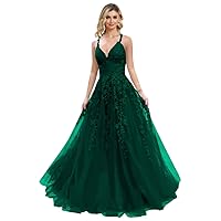 Spaghetti Strap V Neck Glitter Tulle Prom Dresses Sparkly Lace Appliques Evening Formal Ball Gowns for Women