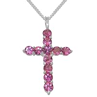 9k White Gold Natural Pink Tourmaline Womens Cross Pendant & Chain - Choice of Chain lengths