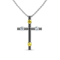 Petite Yellow Sapphire & Natural Diamond Half Bezel Cross Pendant 0.18 ctw 14K Gold. Included 16 Inches 14K Gold Chain.