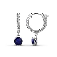 Round Blue Sapphire & Natural Diamond 1.33 ctw Women Dangle Huggie Hoop Earrings Gold