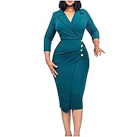 2022 Women's Bodycon Wrap Work Dresses for Office Professional Business Casual Long Sleeve Button Midi Pencil Dress