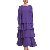 Mother of The Bride Dresses with Jacket Lace Chiffon Ruffle Dress Long Sleeves Wedding Guest Dress