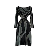 Knitting Bandage Dress for Women Square Collar Long Sleeve High Waist Zebra Print Split Midi Dresses