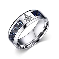Stainless Steel Black Blue Carbon Fiber Inlay Masonic Wedding Band Freemason Symbol Ring Beveled Edge