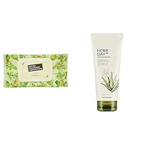 Bundle of The Face Shop Herb Day 365 Cleansing Wipes & Cleansing Foam Aloe & Green Tea | Hydrating & Soothing Skin After Cleaning | Facial Cleanser | Skin Residues Removal & Naturally Derived