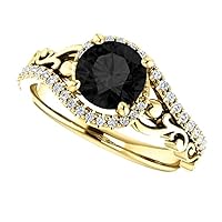 Love Band 1.50 CT Sculptural Black Diamond Engagement Ring 14k Yellow Gold, Scroll Black Onyx Ring, Art Nouveau Round Black Diamond Ring, Art Deco Ring, Classic Ring For Her
