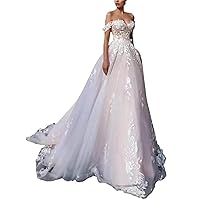 Classic Long Lace Wedding Dresses A-Line Off Shoulder Corset Back Bridal Gown for Women