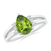Beautiful Pear 8x6mm Peridot Ring With Triple Accents | Sterling Silver 925 With Rhodium Plated | Beautiful Wedding, Engagement And Anniversary Collection.