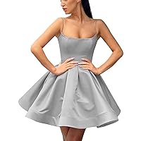 MllesReve Satin Short Prom Dresses Homecoming Dress with Pockets Spaghetti Straps Mini Ball Gown