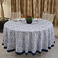 Ridhi Tablecloth Round 132 inch Denim Blue 100% Cotton Hand Block Print Floral Table Cloth for Kitchen Dining Linen Home Decor I Parties, Weddings, Outdoors, Holidays