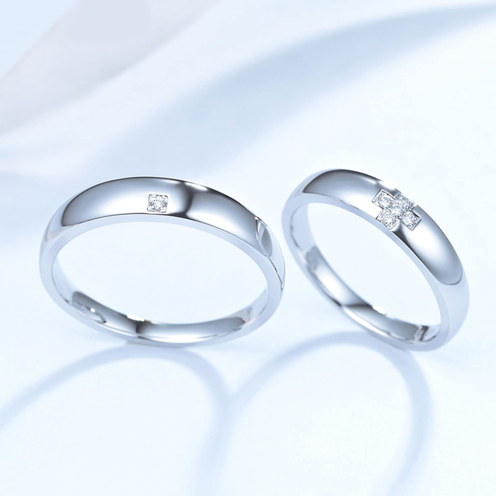 WSX Tiny Diamond Silver Or Solid 10K/14K/18K White Gold Couple Rings, Matching Rings for Him and Her Set Wedding Bands Promise Engagement Ring, Available in Size 3-15.5