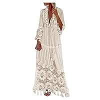 Women's Bohemian Dress,V Neck Long Sleeve Tassel Plus Size Long Lace Dress Vacation Beach Ethnic Style Maxi Dresses Beige