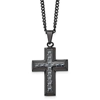Stainless Steel Curb Black IP with Blue Carbon Fiber Inlay Cross Necklace 24 Inches x 2