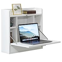 Wall Mount Folding Laptop Writing Computer or Makeup Desk with Storage Shelves and Drawer, White