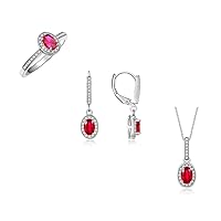 Rylos Matching Jewelry Sterling Silver Halo Designer Set: Ring, Earring & Pendant Necklace. Gemstone & Diamonds, 6X4MM Birthstone. Sizes 5-10.