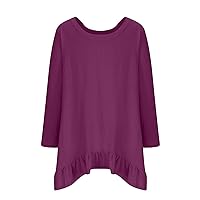 Ruffle Hem Crewneck Tunic Tops Women 3/4 Roll-Up Sleeve Oversized Casual Shirts 2024 Summer Loose Fit Flowy Blouses