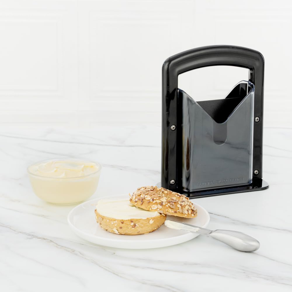 Restaurantware Met Lux 7 x 3.5 x 9 Inch Bagel Slicer, 1 Commercial Bagel Cutter - Built-In Safety Shield, Safe & Easy To Use, Black Stainless Steel Universal Slicer, Non-Stick & Serrated Blade