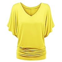 Women's Blouse T-Shirt Solid V-Neck Batwing Sleeve Tops Casual Short Sleeve Summer Tunic Pullover Tees