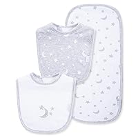 Little Me Baby 100% Cotton Gender Neutral Moon and Starts 3pcs Bib and Burb Set, 1 Size